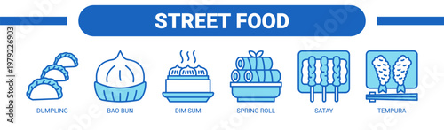 Street Food web banner icon vector illustration concept with icons of dumpling, bao bun, dim sum, spring roll, satay, and tempura. 