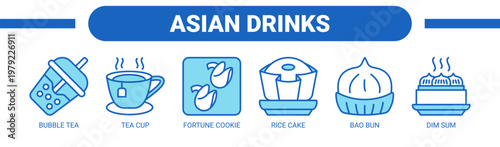 Asian Drinks web banner icon vector illustration concept with icons of bubble tea, tea cup, fortune cookie, rice cake, bao bun, and dim sum. 