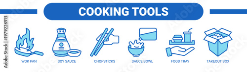 Cooking Tools web banner icon vector illustration concept with icons of wok pan, soy sauce, chopsticks, sauce bowl, food tray, and takeout box. 