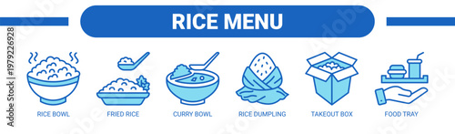 Rice Menu web banner icon vector illustration concept with icons of rice bowl, fried rice, curry bowl, rice dumpling, takeout box, and food tray. 
