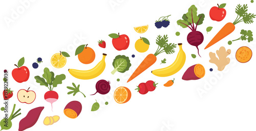 Healthy Fruits and Vegetables Flow Composition with Banana, Apple, Citrus, Carrot, Beetroot, and Ginger Dynamic Vector Illustration for Nutrition and Organic Food Design.