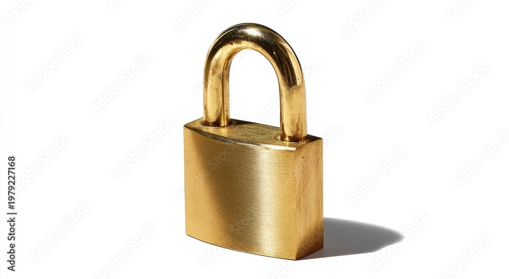 Naklejka premium Gleaming brass padlock, its sturdy form casting a strong shadow on a stark white backdrop