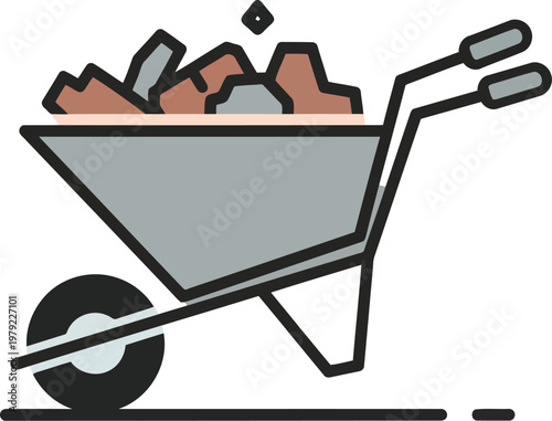 Wheelbarrow full of rocks and stones icon in flat line style for construction and landscaping