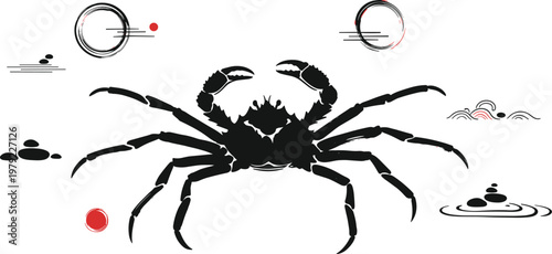 Crab Silhouette Vector Illustration with Minimal Japanese Style Elements Marine Animal Ink Art Design Isolated on Background