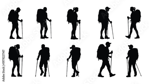 A collection of black silhouettes depicts individuals hiking with backpacks and trekking poles showcasing diverse poses and activity high quality professional