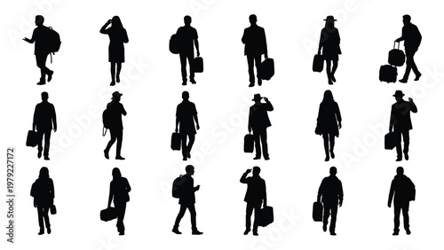A collection of black silhouette figures depicting people walking and carrying luggage representing travel and commuting high quality professional detailed modern