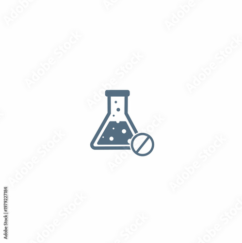 Chemical experiment icon featuring a bubbling Erlenmeyer flask with a prohibited sign, conceptualizing restricted laboratory testing, forbidden chemical reactions, and hazardous substance safety proto