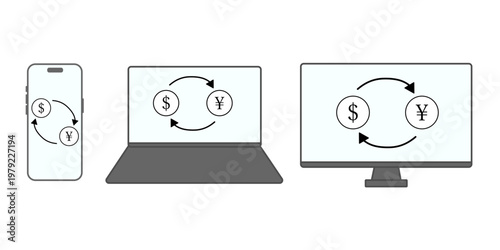 Currency exchange icons on digital devices