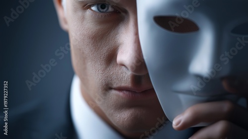 Man in suit holds white mask, half his face concealed