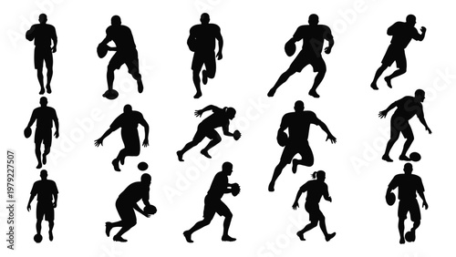 A collection of silhouetted figures dynamically positioned showcasing various athletic poses with footballs high quality professional detailed modern elegant stylish clean