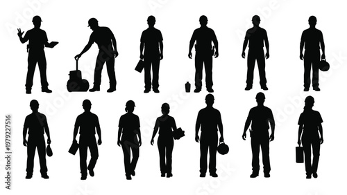 A collection of black silhouette figures depicting diverse people in various casual poses and carrying different objects high quality professional detailed