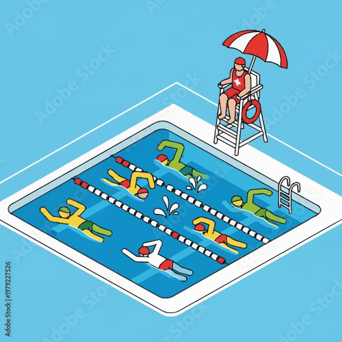 Lifeguard watching swimmers in pool.