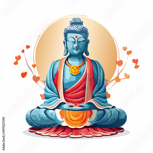 Blue buddha meditating with orange halo and hearts meditation spiritual