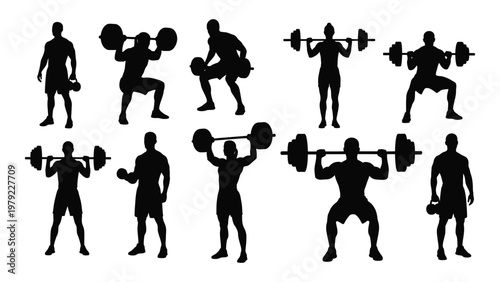 A collection of silhouetted figures demonstrates various weightlifting exercises and poses representing strength and physical fitness high quality professional detailed modern