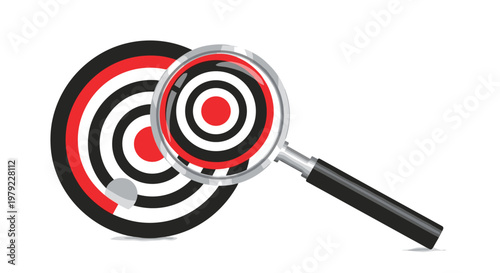 A handheld magnifying glass inspects a large black and red circular target while revealing the intricate details of the center rings in high focus.