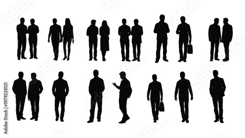 A collection of diverse black silhouettes depicting people in business attire standing walking and interacting high quality professional detailed modern elegant