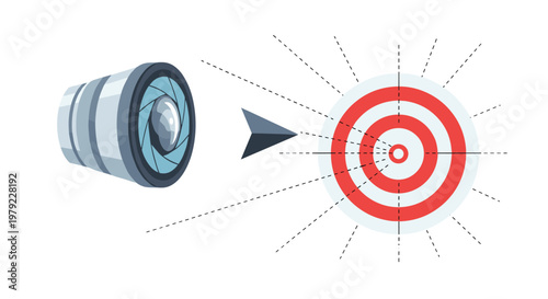 A professional camera lens focuses precisely upon a vibrant red and white circular target while dashed lines radiate outward from the center point.