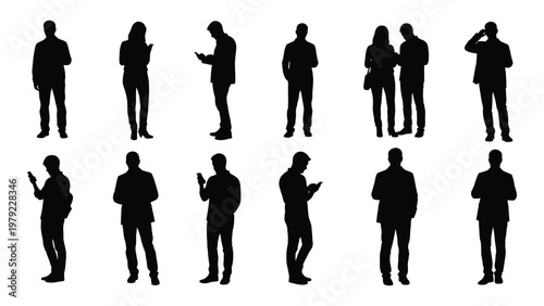 A collection of black silhouettes depicts twelve individuals some standing alone and others in pairs showcasing diverse poses high quality professional