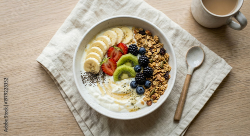 Cuadro en lienzo Top view shot of a healthy yogurt bowl with fruits and granola.