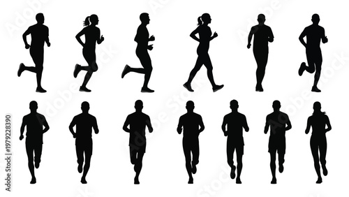 A collection of silhouettes depicting people running and jogging showcasing diverse body shapes and athletic movement high quality professional detailed modern