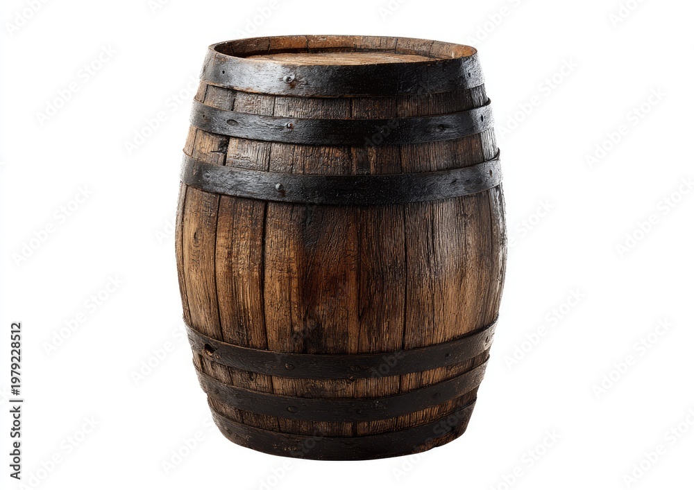 Fototapeta premium Weathered wooden barrel with dark metal hoops, isolated on white background