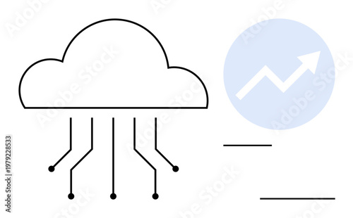 Cloud computing, data analytics, technology growth, digital transformation, innovation, connectivity. Icon of a cloud with circuit connections and rising graph. Cloud computing and data analytics