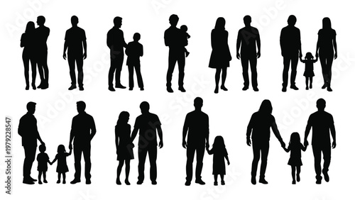 A collection of diverse silhouetted families and individuals showcasing various relationships and group dynamics in a minimalist style high quality professional