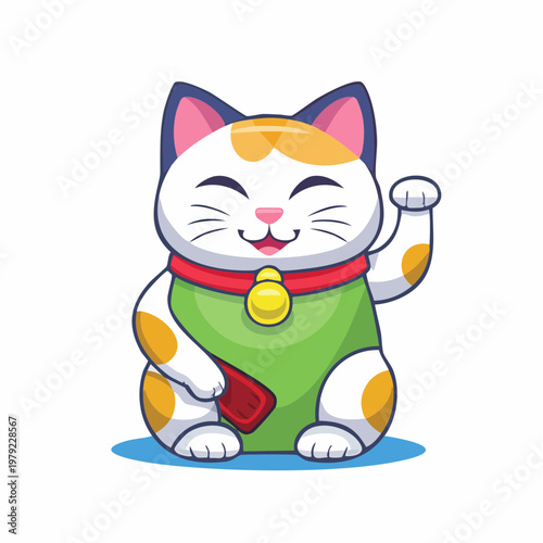 Lucky cat illustration maneki neko with waving paw green bib, digitial art