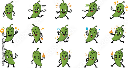 Cute Chili Pepper Character Vector Illustration Set with Funny Cartoon Jalapeno Mascots Emotions and Actions Collection