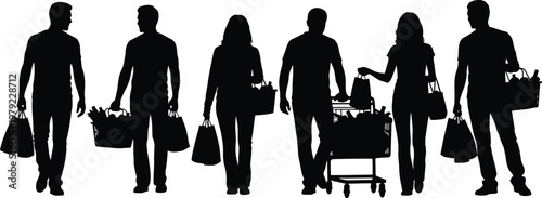 Shopping people silhouette group carrying bags retail consumer lifestyle flat vector