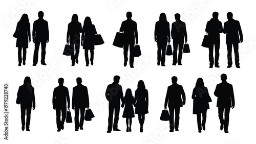 A collection of black silhouette figures depicting diverse people carrying shopping bags suggesting retail and consumerism high quality professional detailed modern