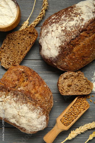 Loaves of fresh rye bread w...