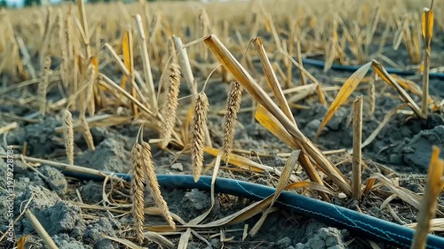 Dried wheat crop in cracked soil with irrigation pipe drought concept