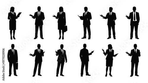 A collection of twelve silhouetted business professionals in suits some holding briefcases or gesturing against a white background high quality professional