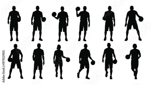 A collection of silhouettes depicting basketball players in various poses holding or dribbling basketballs against a white background high quality professional