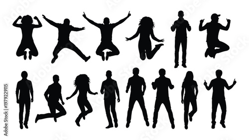 A collection of black silhouettes depicts a group of people joyfully jumping and posing with arms raised in excitement high quality