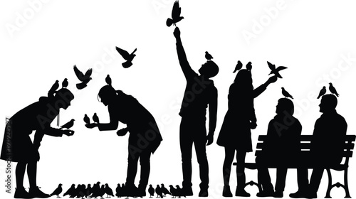 People feeding pigeons in a park, a group enjoying a peaceful moment with nature's creatures in silhouette