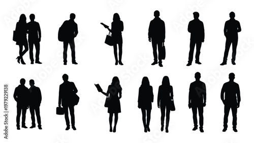 A collection of twelve silhouette figures depicting various people standing and interacting in everyday poses high quality professional detailed modern elegant