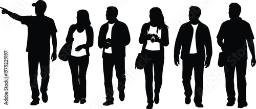 Silhouettes of a group of people walking and gesturing in an outdoor setting, implying a tour or excursion