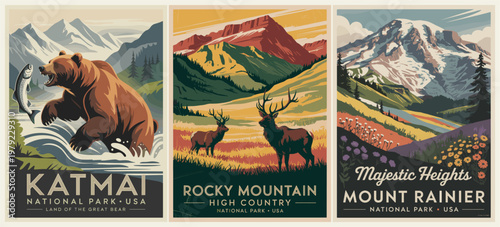 Three vintage-style posters celebrate majestic U.S. National parks. Bear stands bold near crashing waves, evoking wild resilience. Deer graze under sunlit peaks, suggesting calm solitude