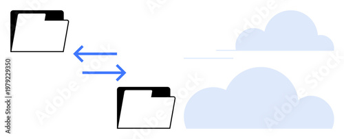 Data management, cloud storage, file sharing, digital organization, network connection, remote access. Two file folders with arrows pointing to a cloud. Cloud storage and file sharing concepts