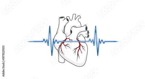 A stylized human heart is depicted with a vibrant blue EKG line running horizontally through the center to illustrate vital signs and heart health.