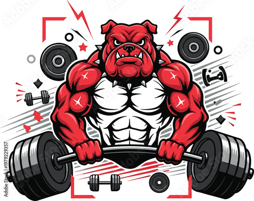 Muscular Bulldog Gym Mascot Vector Illustration with Barbell Bodybuilding Dog Character Fitness Logo Design