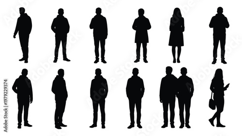 A collection of black silhouettes depicting various people standing and walking showcasing a diverse group of figures high quality professional detailed