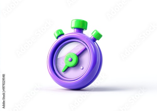 A playful, 3D cartoon stopwatch in purple and green, isolated on white
