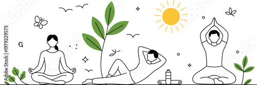 People practicing yoga and meditation outdoors in nature with sun and leaves for wellness and mental health