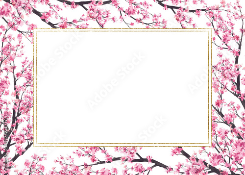 Cherry blossom golden frame. Blooming sakura tree branch pink flowers, buds gold framed. Hand drawn watercolor illustration. Spring template isolated from background for Hanami greeting cards print.