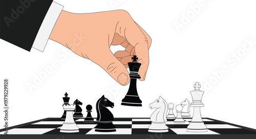 Formal dark suit sleeve guides a black king piece onto a detailed chessboard surface during a strategic match under crisp high contrast studio lighting.