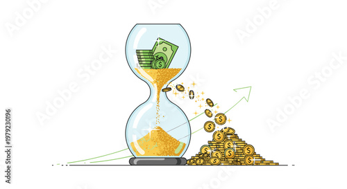 Glass hourglass filled with paper money and coins leaking wealth onto a growing pile with a green upward trend arrow under soft neutral lighting.