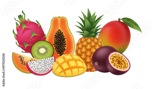 Colorful tropical fruit collection vector with mango pineapple dragon fruit and kiwi isolated